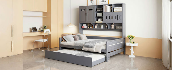 English Elm Full Size Wooden Daybed With Twin Trundle & Stylish Integrated Cabinet For Smart Space-Saving Solutions N820S00027E