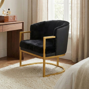 English Elm Modern Faux Fur Accent Chair Plush Upholstered Seat with Gold Iron Legs for Any Room Black N763P360688B