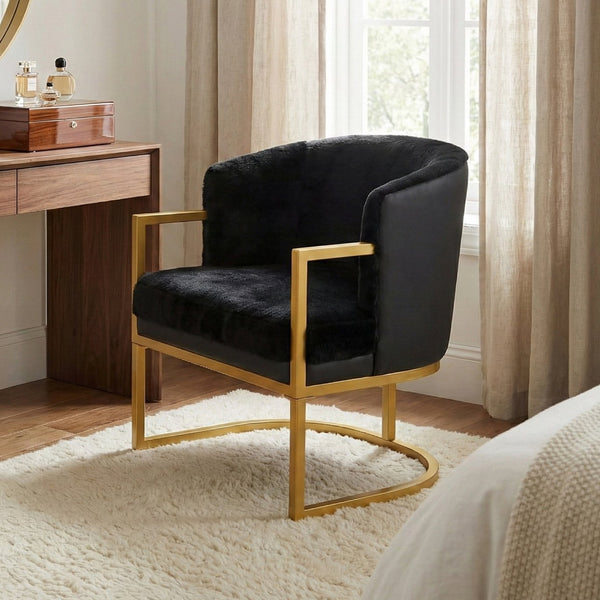 English Elm Modern Faux Fur Accent Chair Plush Upholstered Seat with Gold Iron Legs for Any Room Black N763P360688B