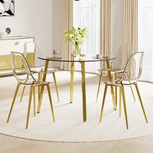 English Elm Table Modern 5-Piece Set: Circular Tempered Glass Dining Table With 4 Transparent Chairs & Gold Legs W1151S02864-GIGA