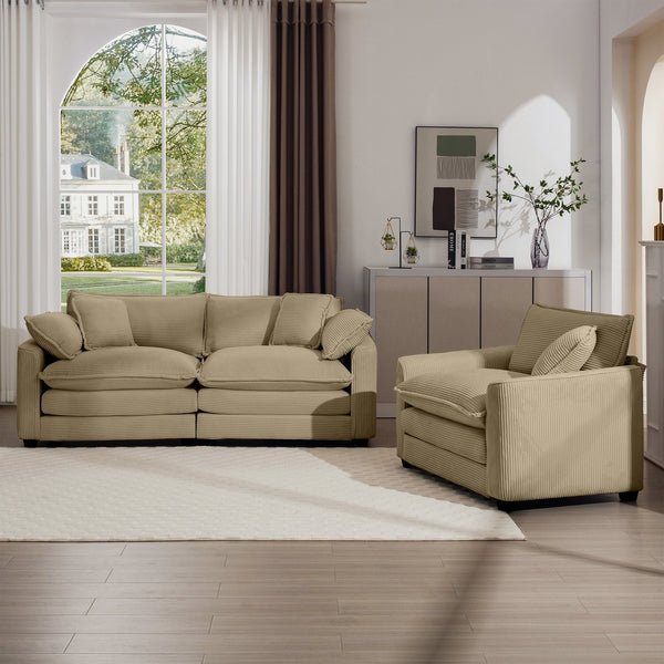 English Elm Modern Two-Piece Sofa Set: Cozy Single Chair & 3-Seater In Tan Corduroy For Stylish Living Spaces W714S00789