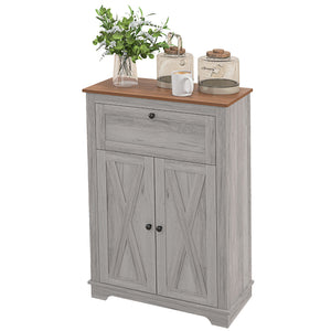 English Elm HOMCOM Rustic Farmhouse Sideboard Buffet Cabinet with Barn Doors, Drawer & Adjustable Shelves for Entryway Light Gray W2225P229126
