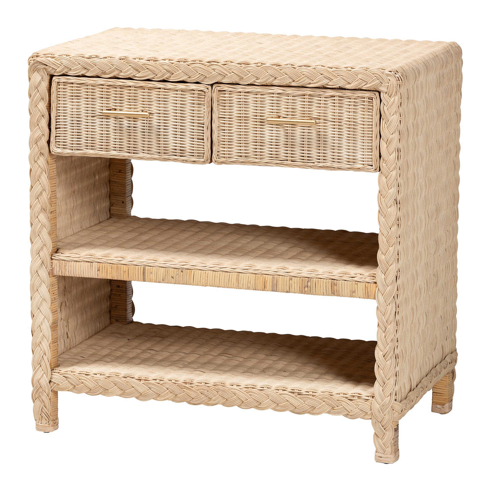 English Elm Japandi Braided Rattan Console Table with Two Drawers Open Shelves Entryway Storage B2750P420412