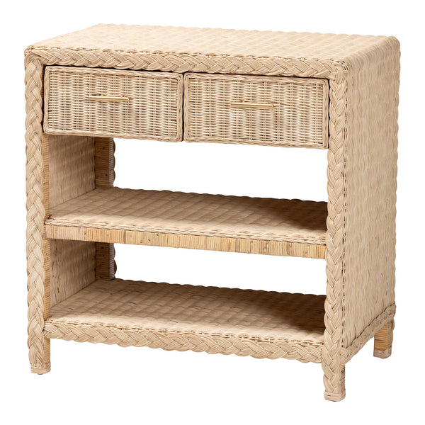 English Elm Japandi Braided Rattan Console Table with Two Drawers Open Shelves Entryway Storage B2750P420412