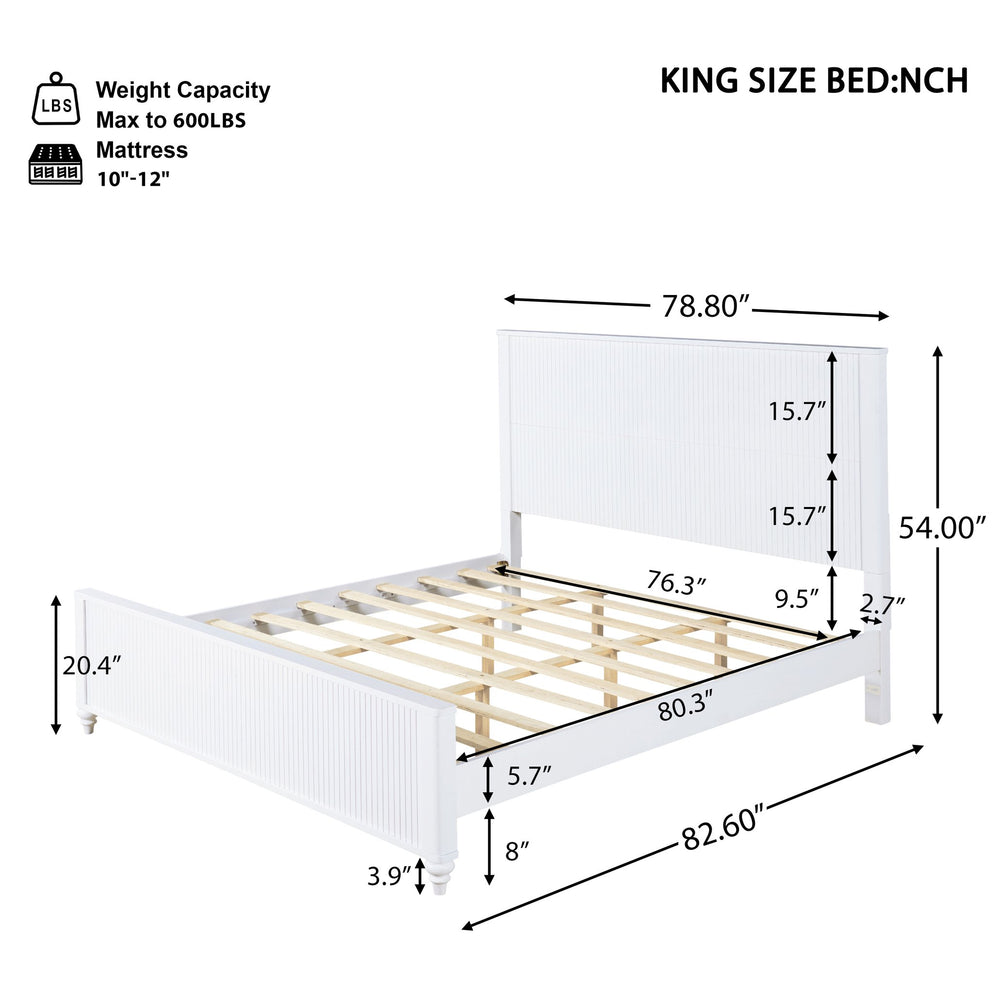 English Elm King Solid Pine Platform Bed White Lacquer Grooved Panels Slat Base Bedroom N770PK389793K