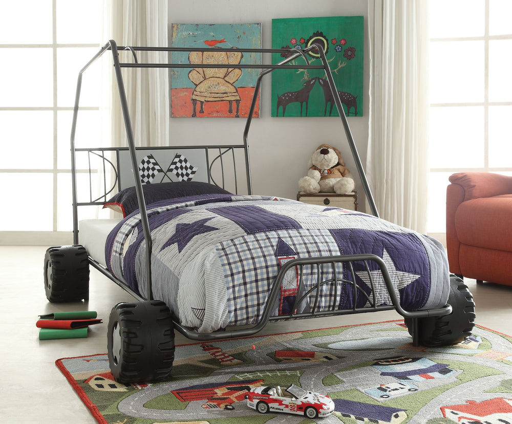 English Elm Gunmetal Twin Metal Bed with Go-Kart Design, 8-Slat No-Box-Spring Frame, 18" Footboard, Storage-Friendly B062S00513