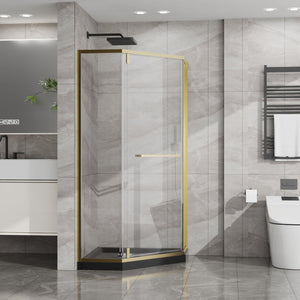 English Elm Goodyo Neo-angle Corner Shower Enclosure Gold Frame Tempered Glass with Black Base W1223S00043