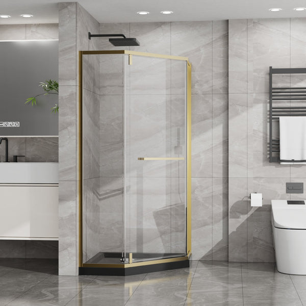 English Elm Goodyo Neo-angle Corner Shower Enclosure Gold Frame Tempered Glass with Black Base W1223S00043