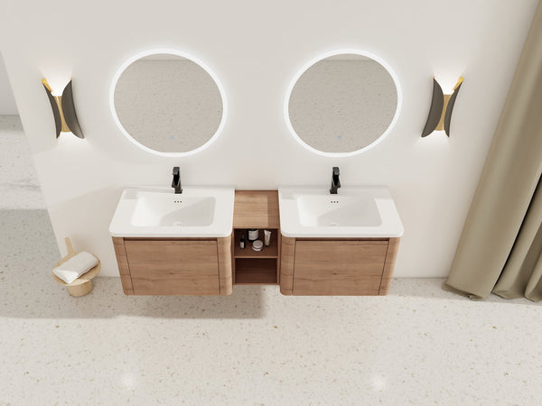 English Elm 68'' Wall-Mounted Bathroom Vanity with White Ceramic Sink, Plywood Shelves, Soft-Close Door Elegance W999S00382