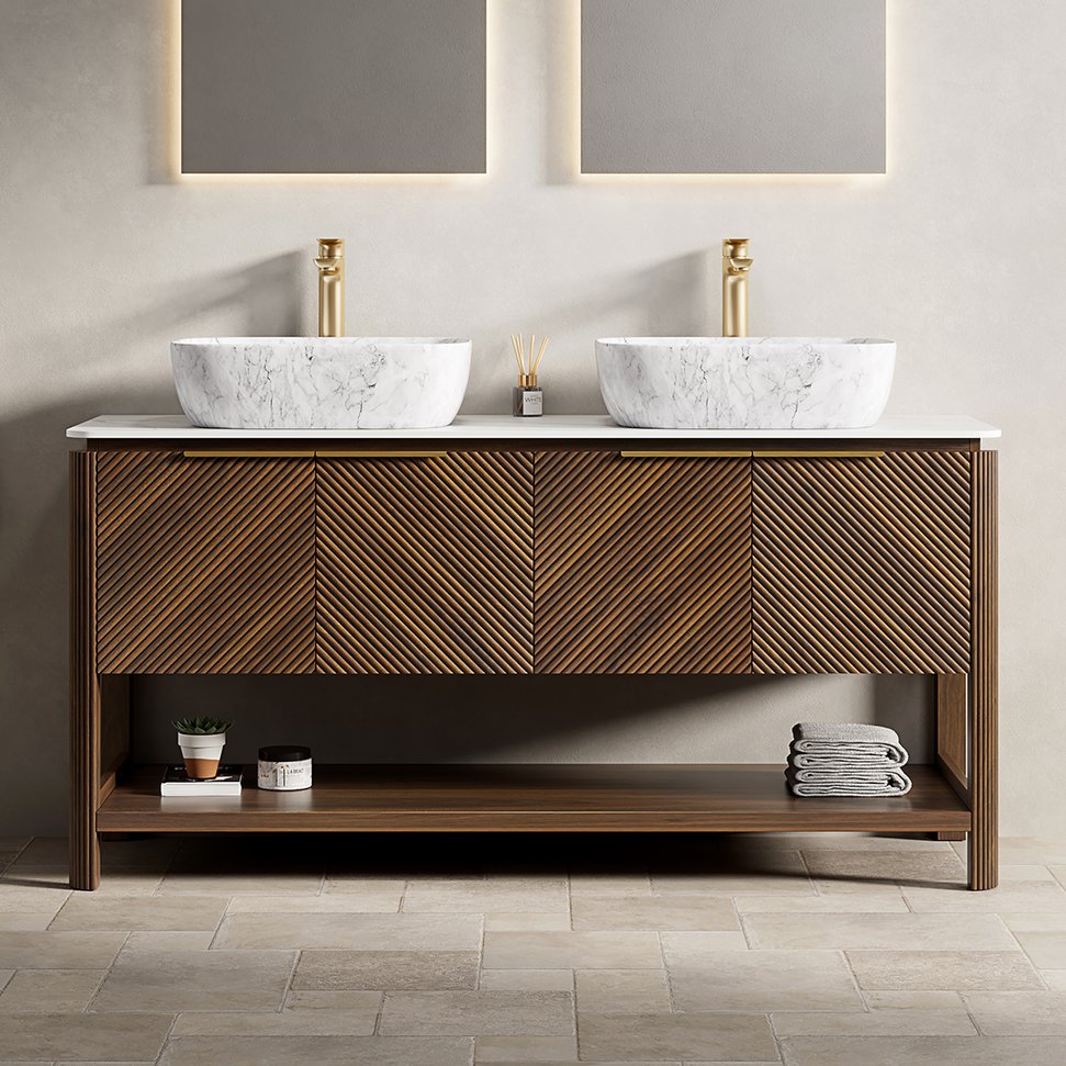 English Elm Dina 60 Inch Floating Bathroom Vanity Sintered Stone Top Dual Glass Basins Wood Grain W2615S00514