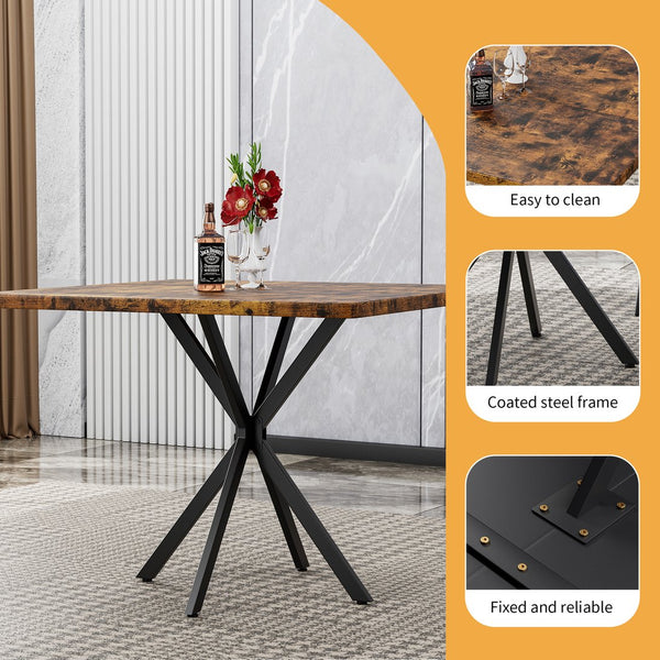 English Elm Square MDF Dining Set for 4 with Faux Marble Top, Mid-Century Modern Iron Legs, Easy-Clean Surface Brown+Black W578S00029