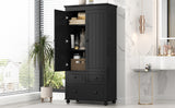 English Elm Tall Storage Cabinet With Three Drawers For Bathroom/Office, Black