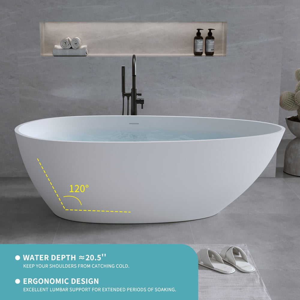 English Elm 59'' Freestanding Resin Stone Soaking Tub Sculptural Matte Finish with Overflow Drain W2753P191227