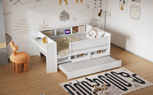 English Elm Multi-functional Twin Daybed with Trundle Desk Usb Charging Pine Wood Storage GX000462AAK