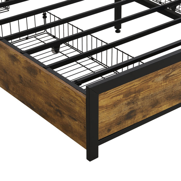 English Elm Queen Storage Bed Frame with Headboard USB Outlets, RGB LED Lights, 4 Rolling Drawers, Sturdy Metal Slats W2297P218132