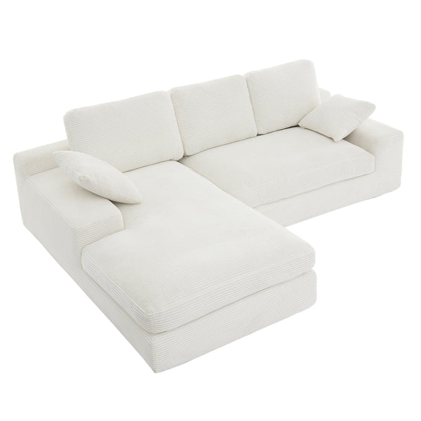 English Elm White corduroy compressed sofa with 3 back cushions & 2 throw pillows—soft, lightweight, durable comfort W3612S00015