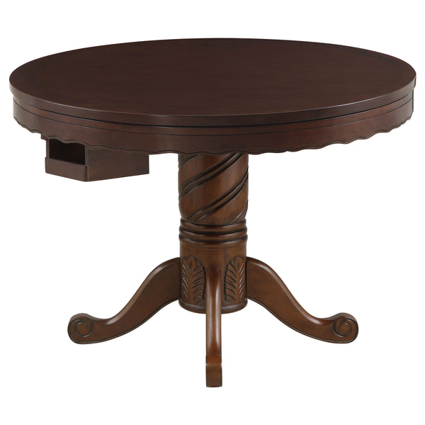 English Elm Brenton Round Tobacco Game Table with Pedestal Base, 8 Cupholders & Carved Ribbon Motif Elegance B062S01102