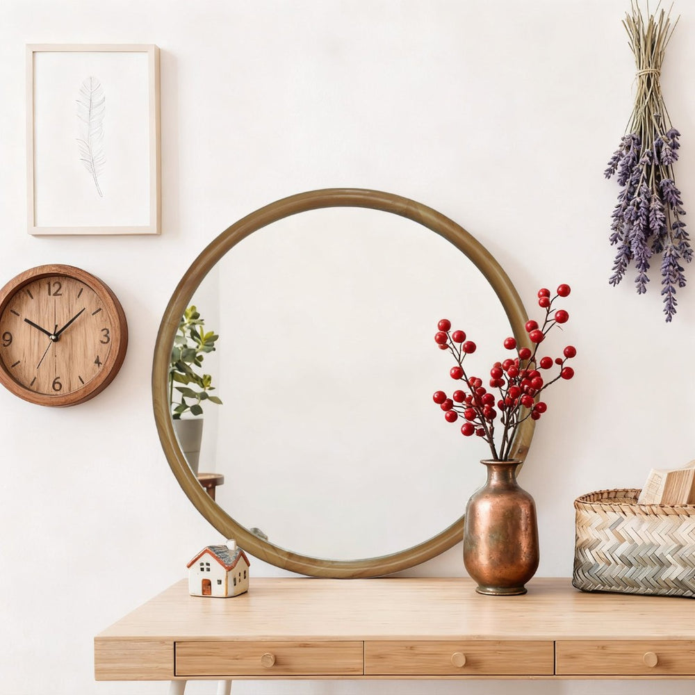 English Elm Round Wood Framed Wall Mirror - 26.77" Natural Decorative Mirror For Elegant Spaces & Timeless Style W2295P389103-GIGA