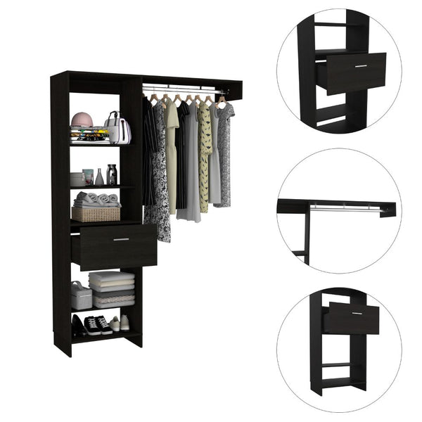 English Elm Hybrid Closet System with Five Open Shelves, Spacious Drawer & Metal Rod for Smart Vertical Storage Black 83 L x 20 W x 4 H B128S00093