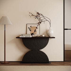 English Elm 47''double Semi-circle Console Table with Led Lighting and Sculptural Hammered Wood Base W2263P395491