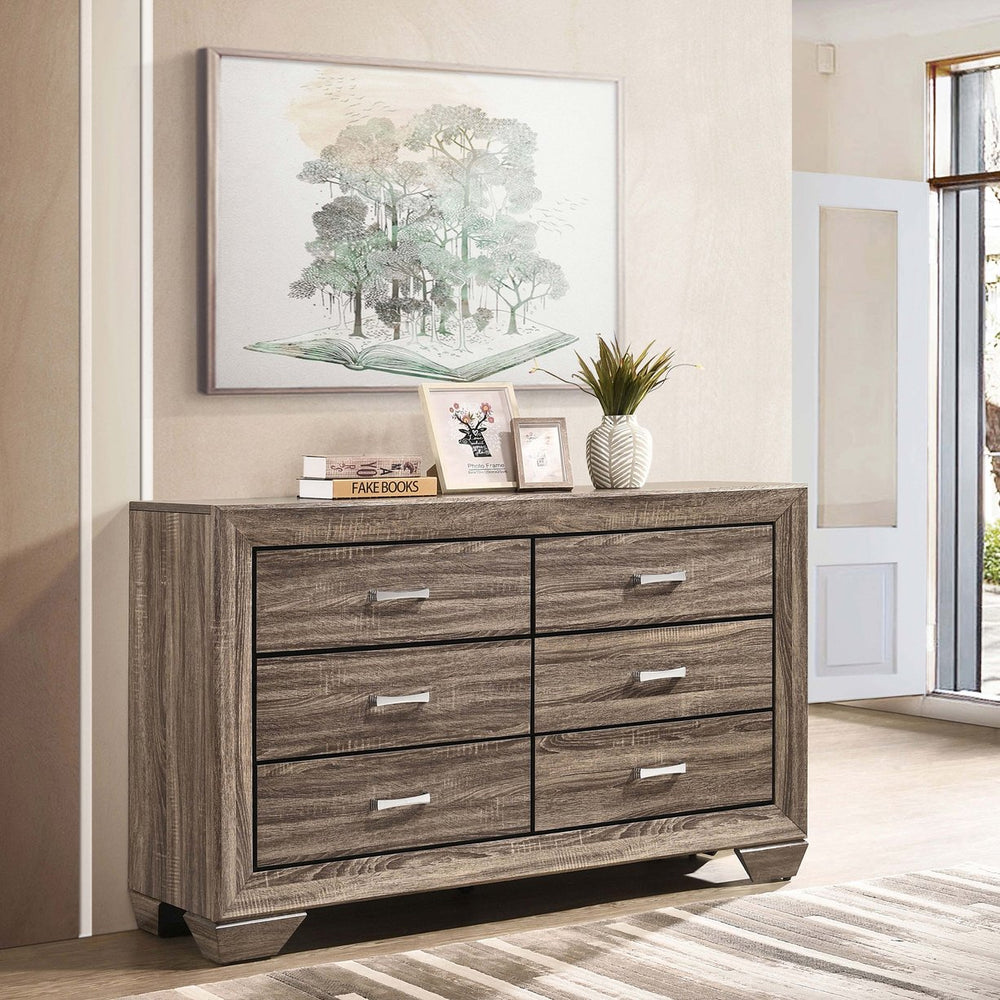 English Elm Harrison Mid-Century 6-Drawer Dresser in Dark Cocoa Finish with Tapered Legs, Sleek Black-Trim Accents taupe B062P378458