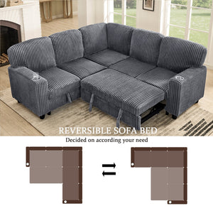 English Elm L-Shaped Sofa with Pull-Out Bed and Storage, 5-Seat Sectional with USB, Cup Holders, Cozy Chenille Grey W1998S00074
