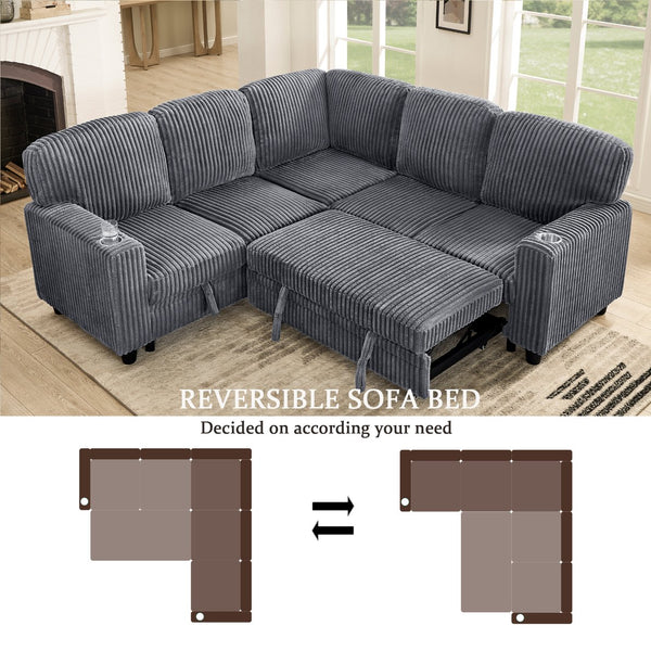 English Elm L-Shaped Sofa with Pull-Out Bed and Storage, 5-Seat Sectional with USB, Cup Holders, Cozy Chenille Grey W1998S00074