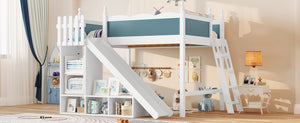 English Elm Full Loft Bed With Slide, Storage Shelves & Cabinet - Solid Wood Design For Fun & Organization! W1580S00246