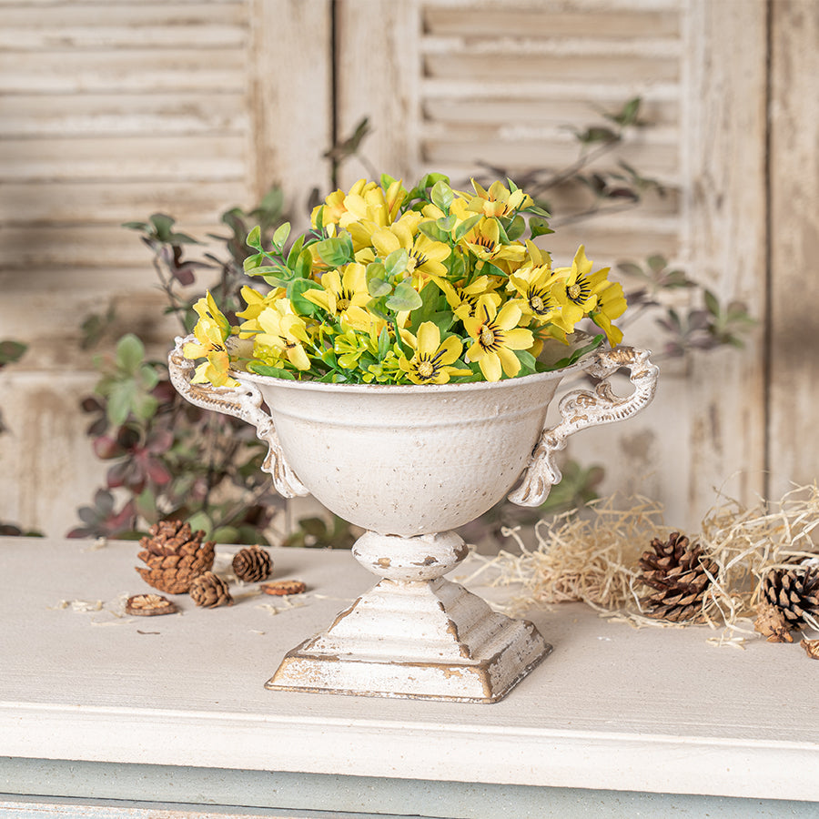 English Elm Vintage Double-Handled Flower Pot Off-White Metal Rustic Charm for Home, Garden, Gift, 10x9 in W2946P243926