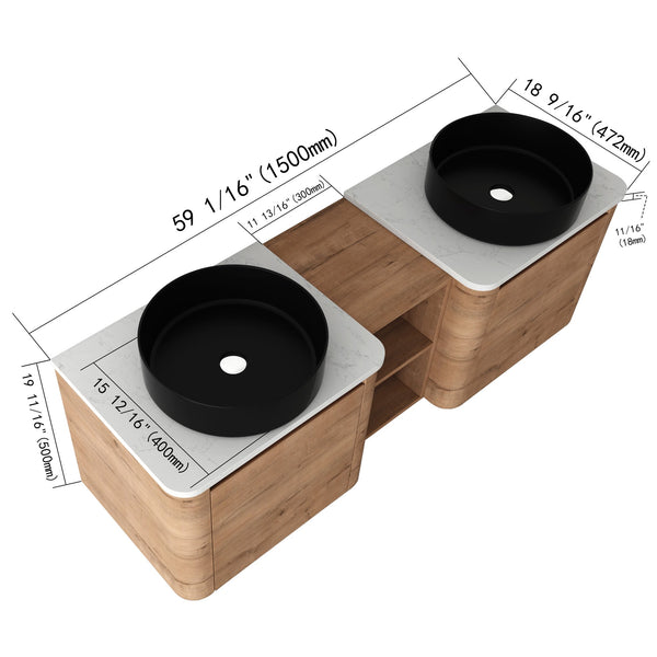 English Elm 60'' Wall-Mounted Bathroom Vanity With Elegant Ceramic Art Sink & Soft-Close Door For Modern Spaces W999S00411