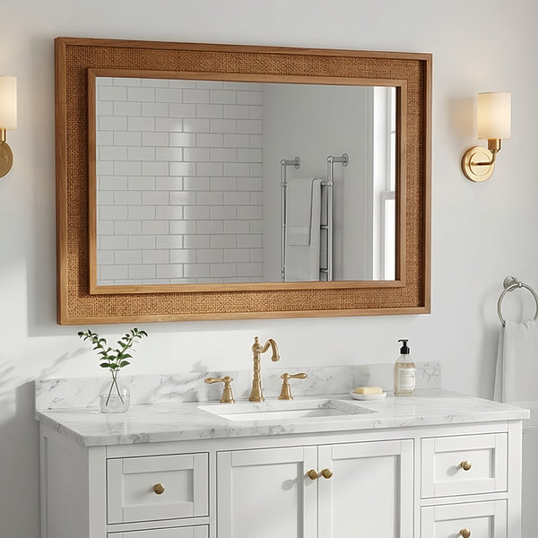 English Elm Natural Rattan Wrapped Solid Wood Frame Rectangle Mirror for Farmhouse Entryway Bath Yellowish-Brown W2203P436625