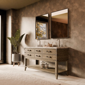 English Elm Grey Oak Double Bath Vanity With Carrara Marble Top, Soft-Close Drawers & Matching Mirrors, 65” W B2731S01637