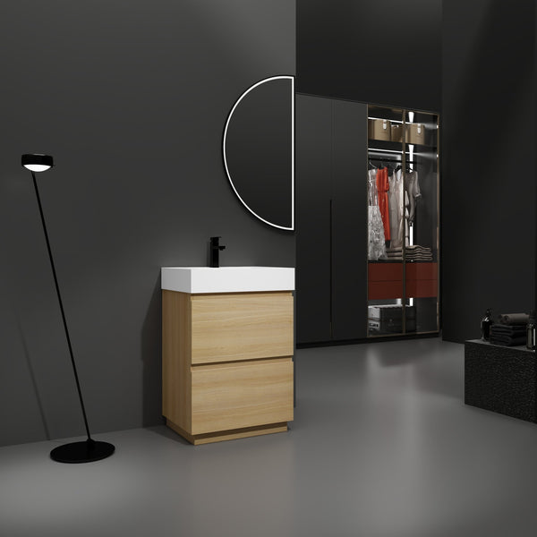 English Elm 24" Modern Bathroom Vanity with Single Undermount Sink, Engineered Wood, Waterproof Finish, 2 Drawers and Pre-Drilled Faucet Hole Oak W1972S00005