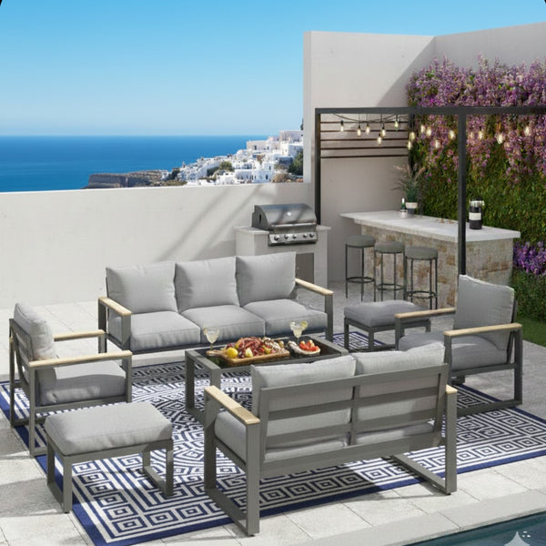 English Elm All-weather 9 Seat Aluminum Patio Conversation Set with Tempered Glass Table Gray B082S00110