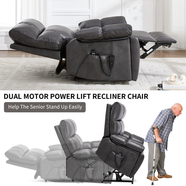 English Elm Dark Grey Leatheraire Power Lift Recliner Dual Motor Massage Heat Heavy Duty W1803P340317