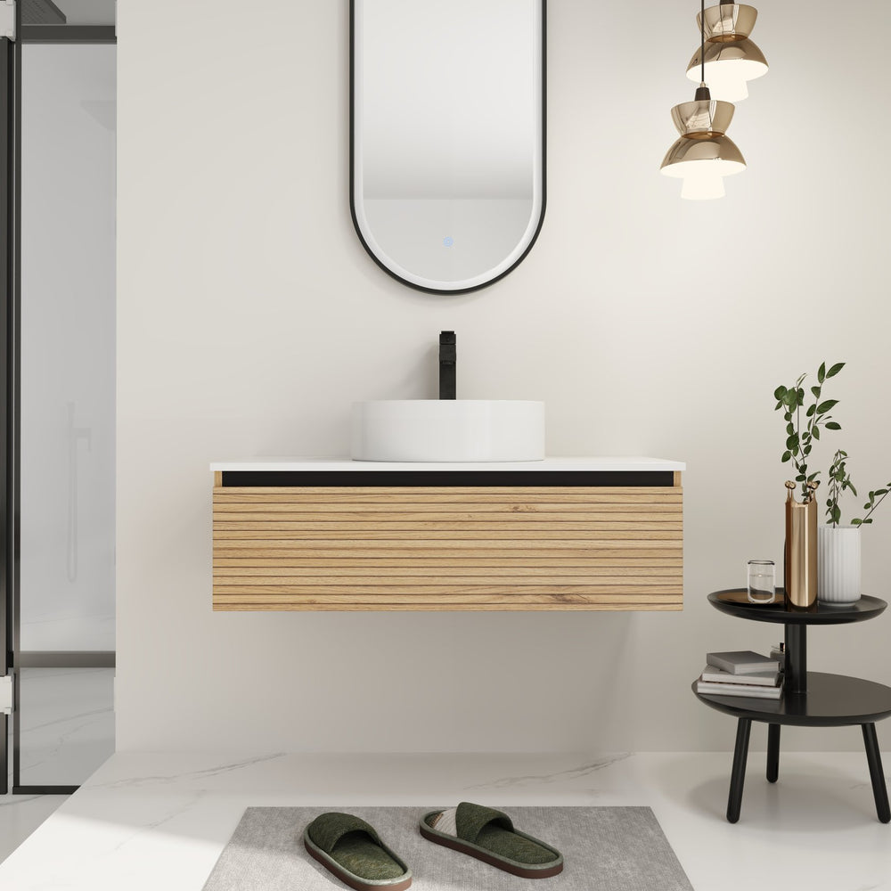 English Elm 36'' Floating Wall Mounted Vanity Plywood Cabinet with Ceramic Vessel Sink Soft Close Drawer W999S00362