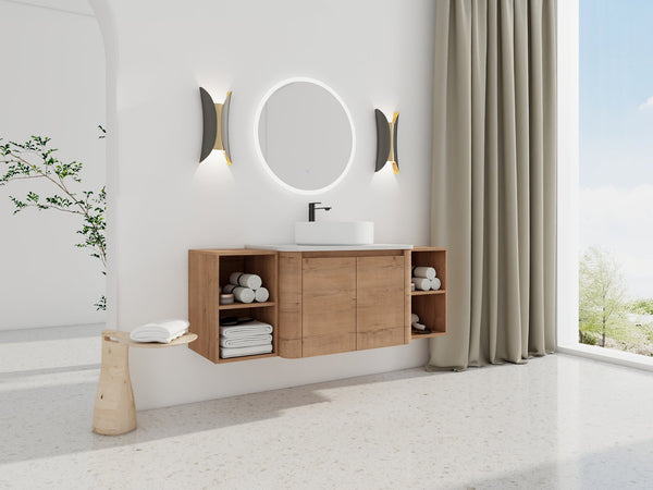 English Elm 54'' Elegant Wall-Mounted Bathroom Vanity With Ceramic Vessel Sink, Soft-Close Doors & Storage Shelves W999S00414
