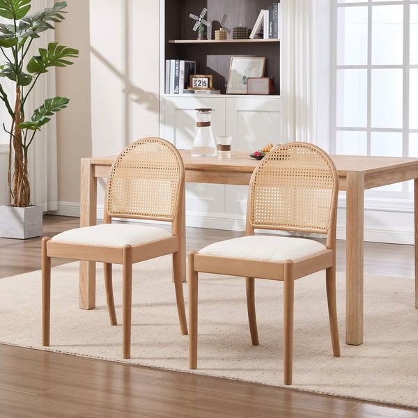 English Elm Rattan Backrest Dining Chairs Set of 2 Teddy Fabric Cushion Solid Wood Legs Kitchen Beige W3244P475485