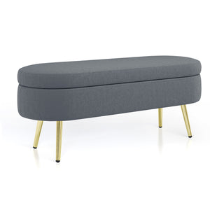English Elm Ottoman Oval Flannel Storage Bench with Matte Metal Legs for Bedroom or Living Room Dark Gray W487P438628
