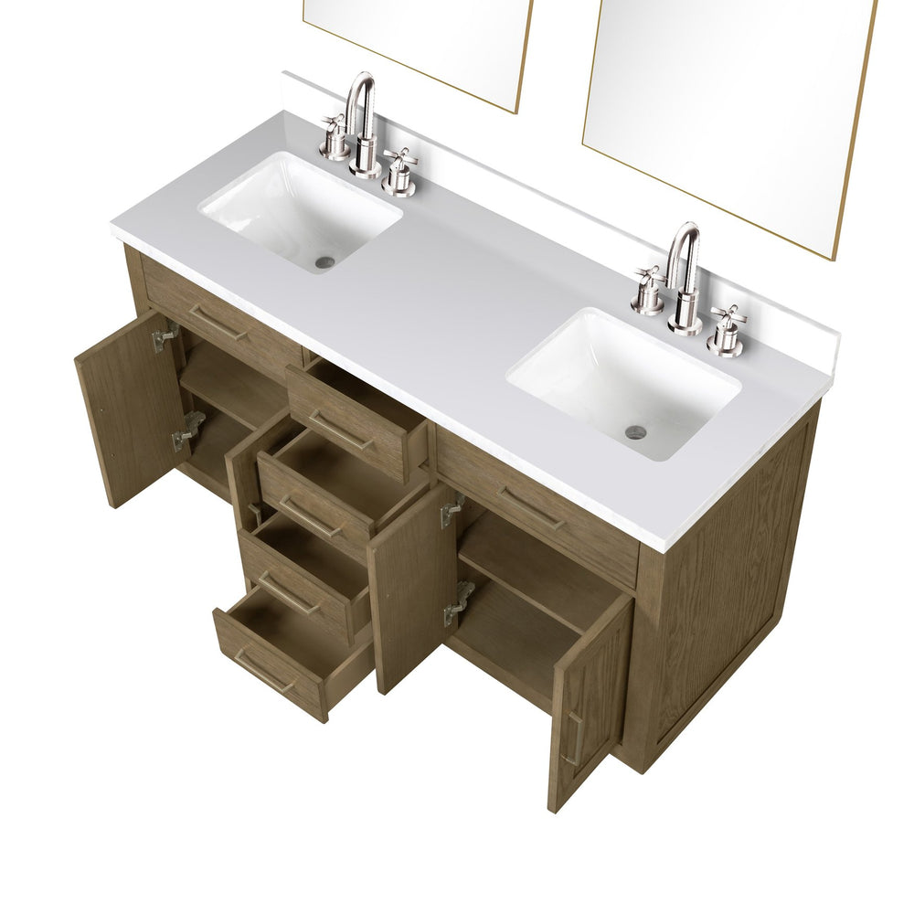 English Elm Grey Oak Double Bath Vanity 60 in. W x 22 in. D with White Quartz Top, Chrome Faucets & Dual Mirrors B2731S01797