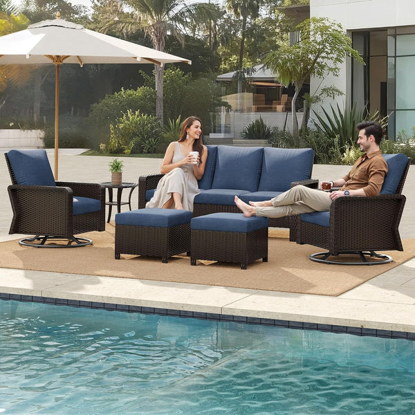English Elm Tl Seven Piece Outdoor Patio Set Pe Rattan Wicker Swivel Chairs Sofa Footstools W5382S00008
