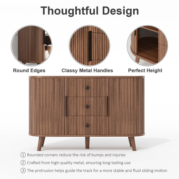 English Elm Sideboard Fluted Credenza with Three Drawers Two Doors Matte Black Modern Storage Walnut T3773P417317
