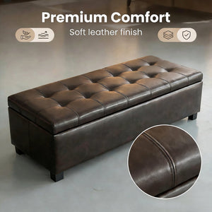 English Elm Storage Bench Tufted Upholstered Entryway Seat with Hinged Lid and Wooden Legs W5325P423784