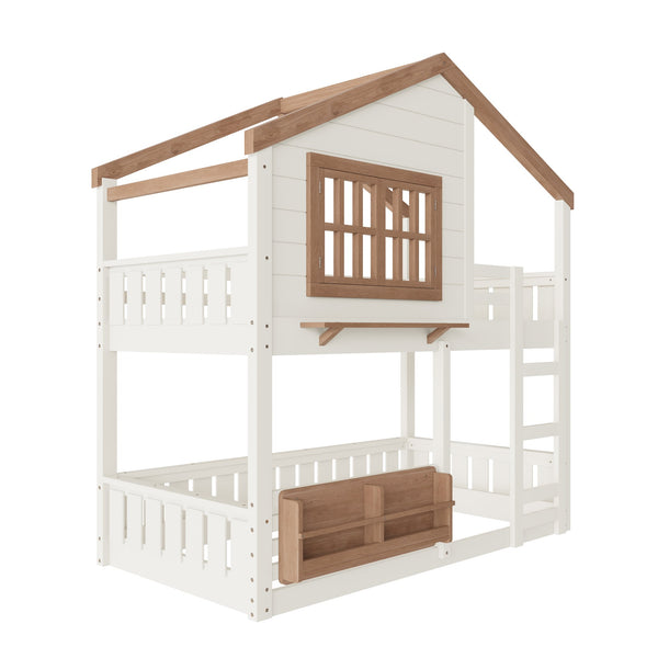 English Elm Full Bunk Bed with Trundle Bookshelf Storage Pine Frame Car Design for Kids W1580S00324