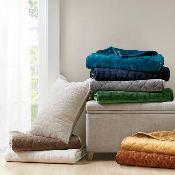 JLA Home Madison Park - 3 Velvet Quilt Set with Plush Geometric Quilting, Antimicrobial Finish, Silky Soft 3-Piece Bedding Taupe MP13-3306