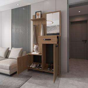 English Elm Soudersburg Entryway Hall Tree with Mirror Hooks Drawer and Shoe Cabinet Light Oak B092P286131