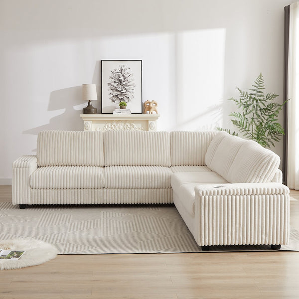 English Elm 110-Inch Oversized Corduroy Corner Sofa with Storage, USB & Cup Holders, Deep Plush Seating Comfort Beige W834S00284