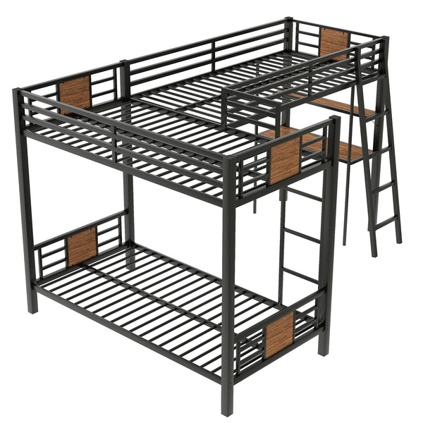 English Elm L-Shaped Twin Over Twin Bunk Bed with Loft Desk & Shelves, Brown Metal+MDF, Sturdy Sleep Solution GX001110AAD