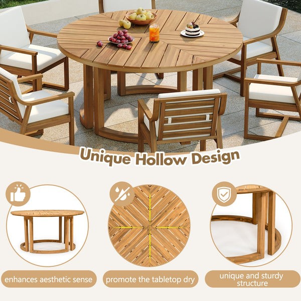 English Elm Trexm Round Acacia Outdoor Dining Table Seats Six with Umbrella Hole Slatted Top Light Teak N715P404283D