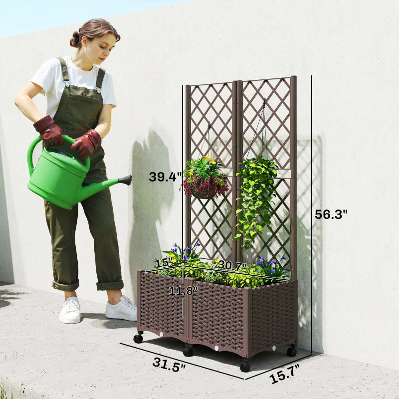 English Elm Mobile Rolling Planter Box with Trellis Self Watering Wicker Style Patio Garden Bed Gray T3971P467076
